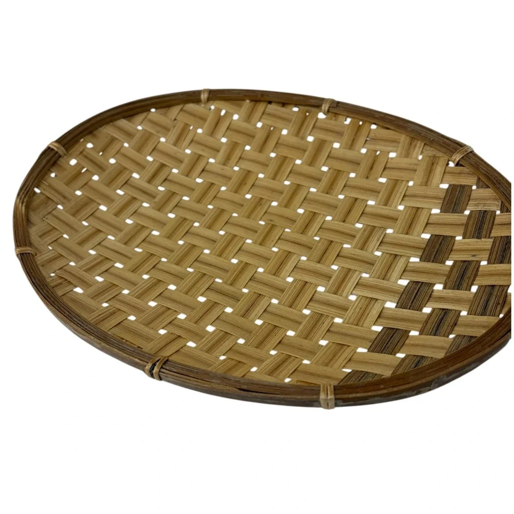 Vintage Handwoven Bamboo Rattan Oval Decorative Tray Boho Farmhouse Wall Decor